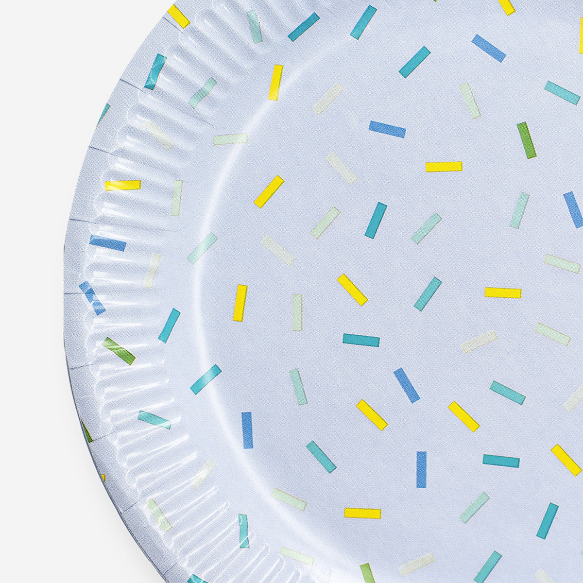 Set of 8 blue confetti paper plates for parties by Flying Tiger Copenhagen, featuring colorful confetti design on sturdy paper.