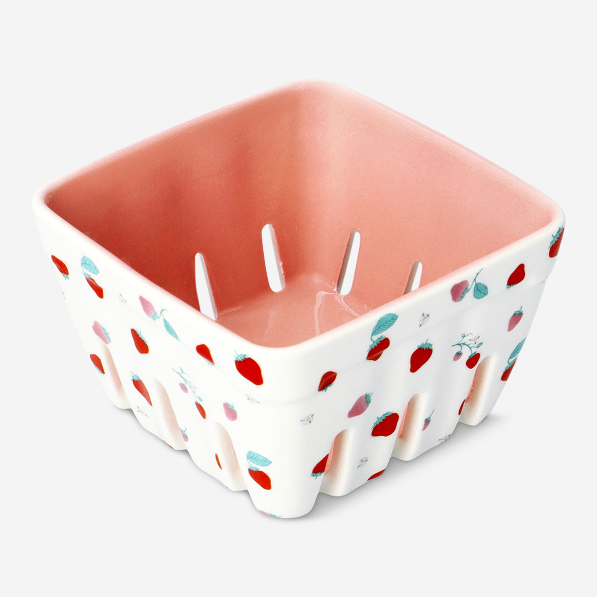 Ceramic kitchen colander with strawberry print by Flying Tiger Copenhagen, featuring a round shape and vibrant red strawberry design.
