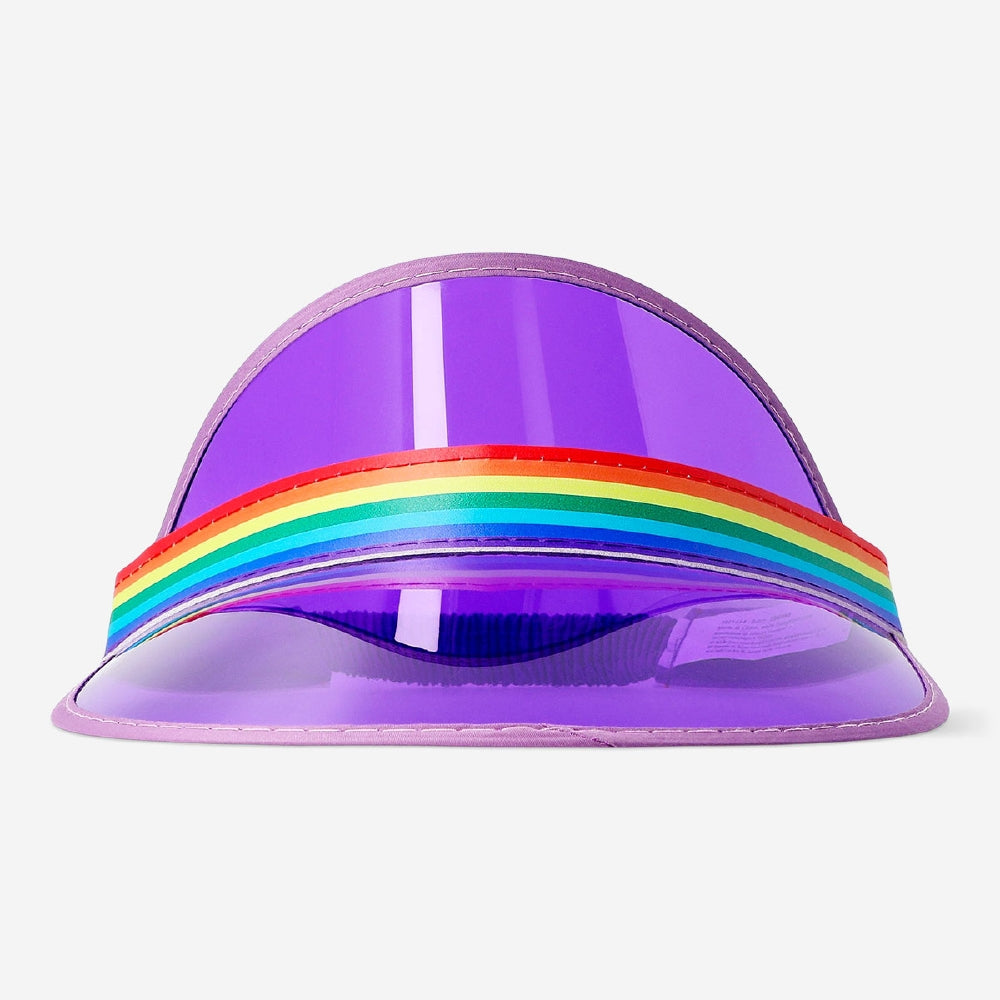 Purple textile sun visor with a rainbow band from Flying Tiger Copenhagen, featuring a wide brim and colorful design.