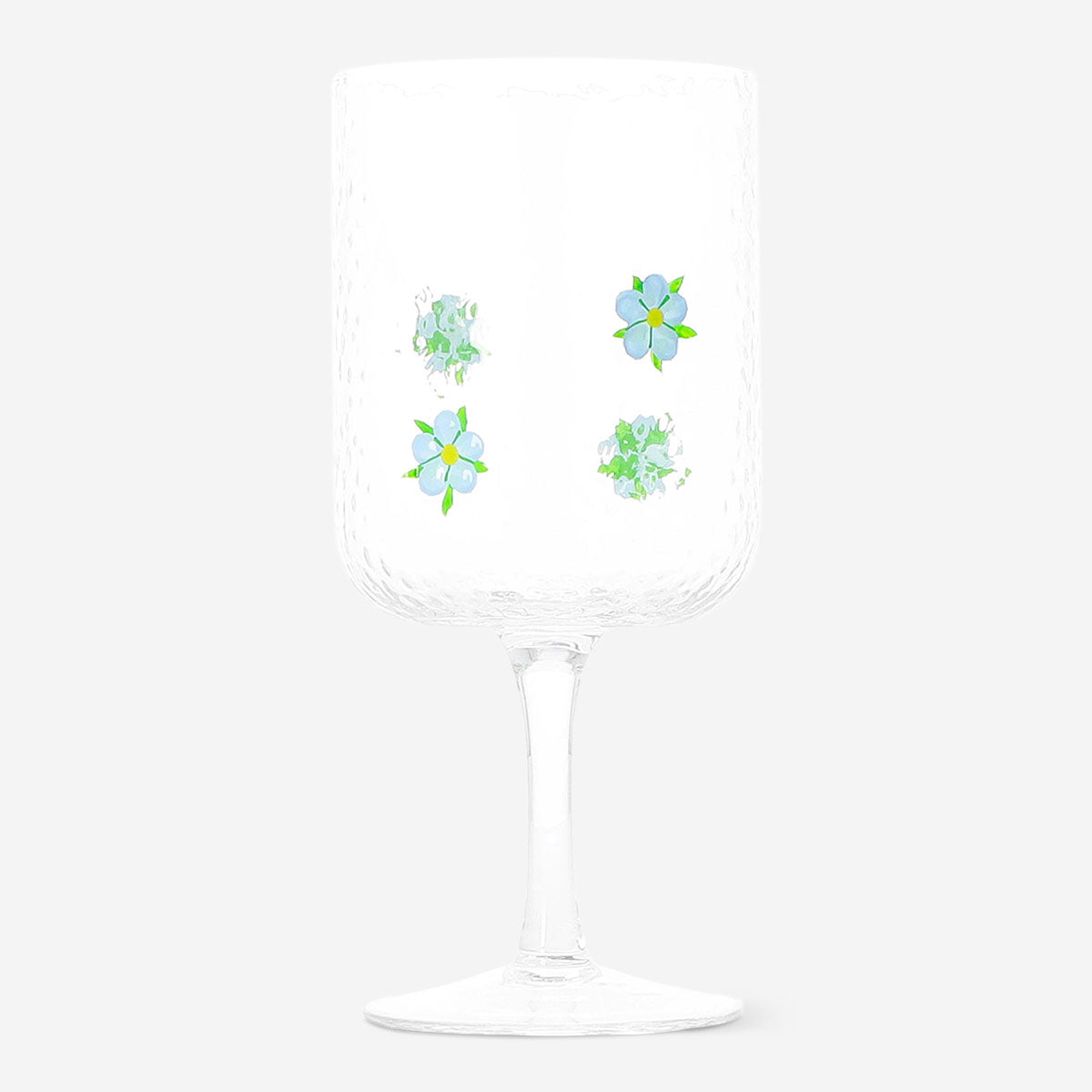 Blue embossed flower wine glass from Flying Tiger Copenhagen, 350 ml, with intricate floral design for elegant kitchen use.