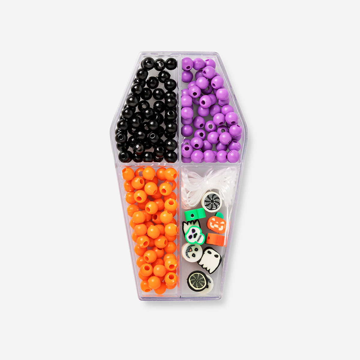 Hobby bead set in coffin-shaped container by Flying Tiger Copenhagen, with colorful beads for crafting and jewelry making.