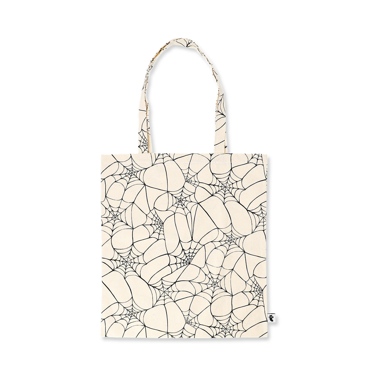 Textile Halloween spider web tote bag by Flying Tiger Copenhagen with black web design on fabric.