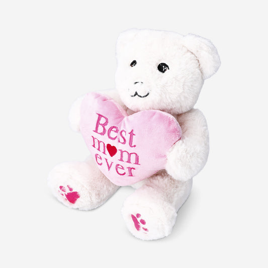Peluche - Urso de peluche branco com coração cor-de-rosa para a mamã