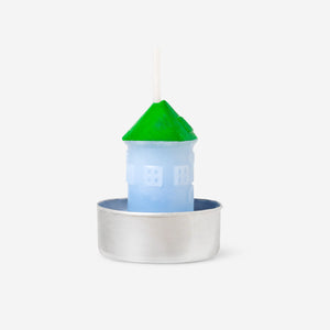 Set of 4 blue and green house-shaped tealights for home decor from Flying Tiger Copenhagen, perfect for cozy ambiance.