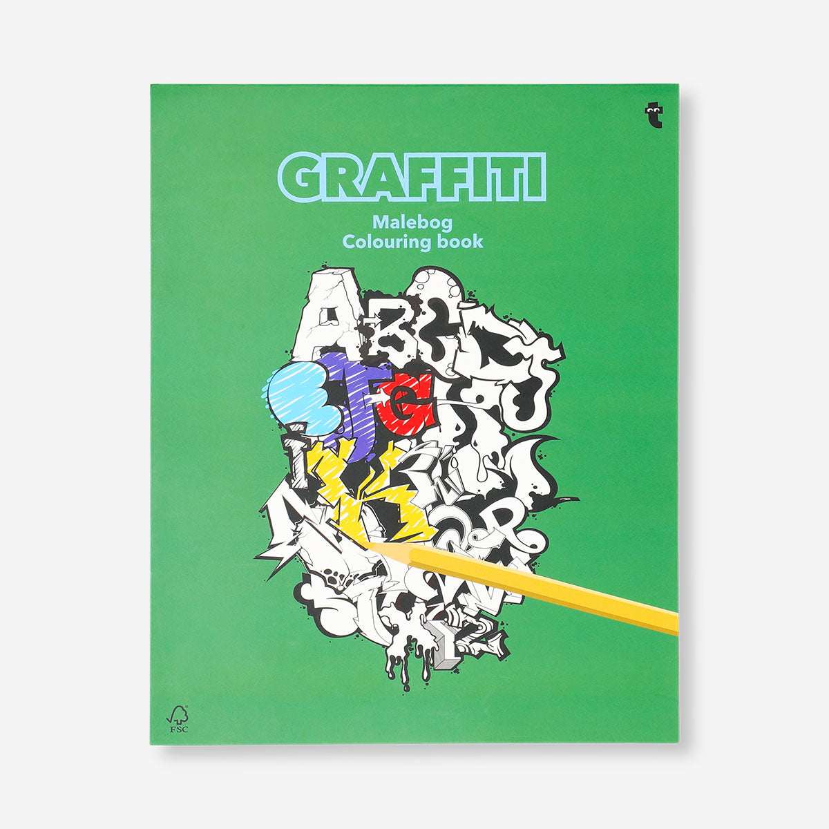 Coloring book titled Graffiti from Flying Tiger Copenhagen featuring vibrant graffiti-style illustrations for hobby use.