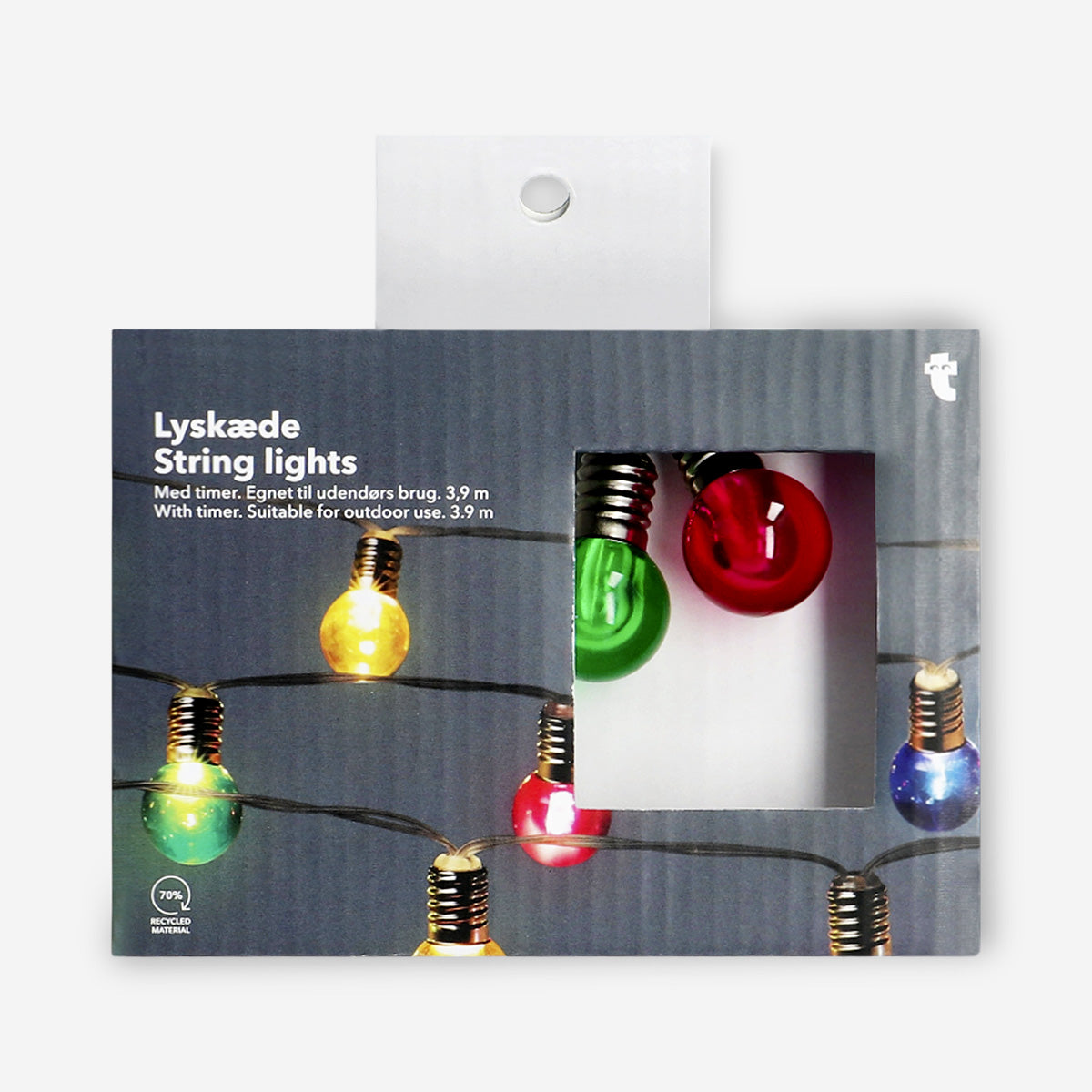 Multi-colored outdoor string lights from Flying Tiger Copenhagen hanging in a home setting, ideal for outdoor decor and ambiance.