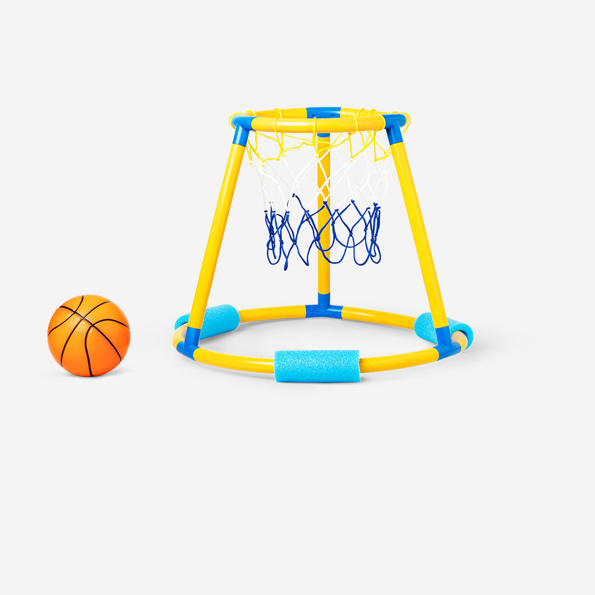 Floating basketball pool game set by Flying Tiger Copenhagen with a hoop and ball for water play.