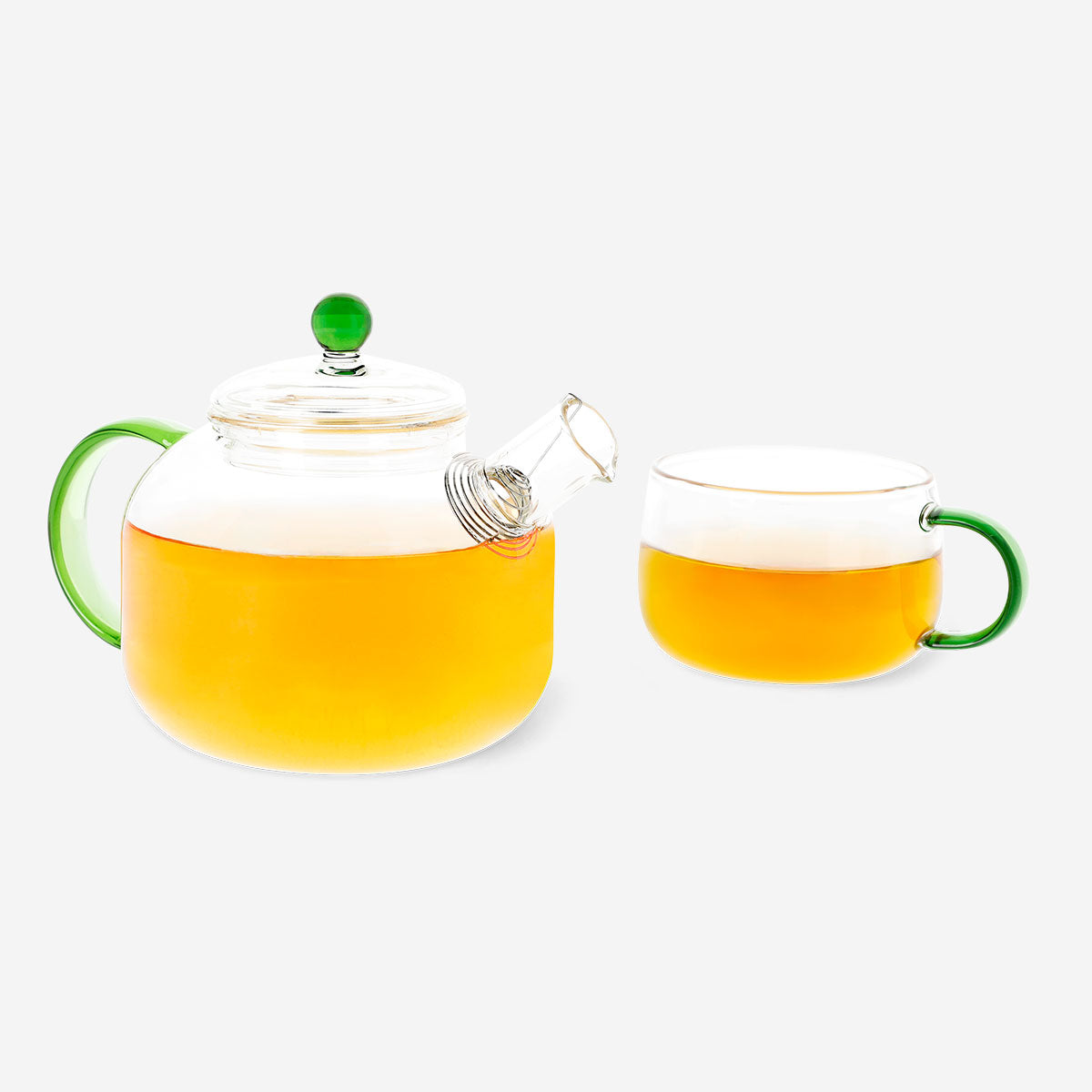 Glass tea pot with colorful handle, 400ml capacity, perfect for brewing and serving tea in a modern kitchen.