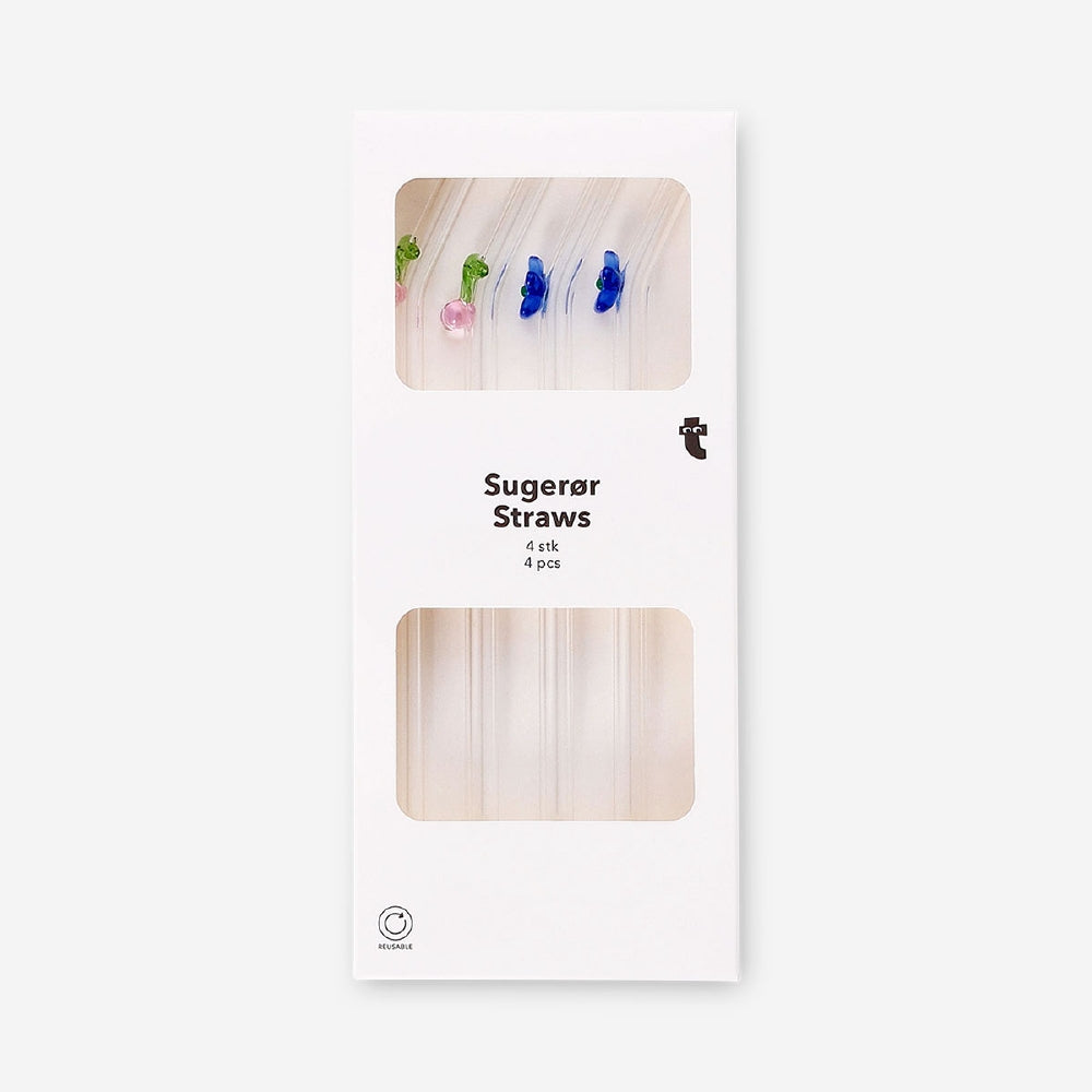 Set of four glass straws with colorful flower and cherry decorations, designed for kitchen use by Flying Tiger Copenhagen.
