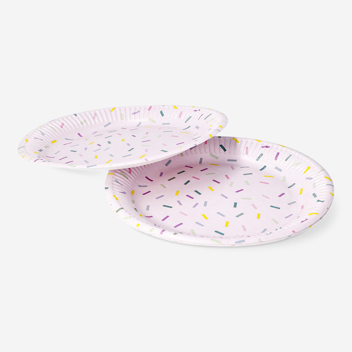 Pink confetti paper plates for parties, set of 8, featuring colorful confetti design, from Flying Tiger Copenhagen.
