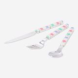 Set of three Flying Tiger Copenhagen kitchen cutlery with dotted design, including a fork, knife, and spoon.