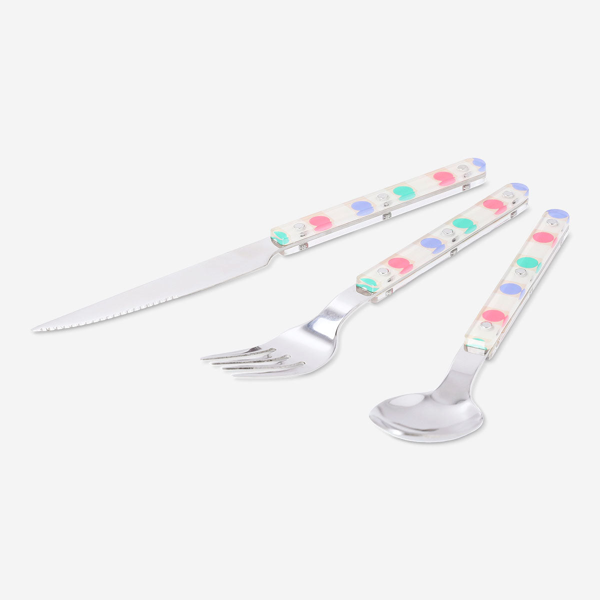 Set of three Flying Tiger Copenhagen kitchen cutlery with dotted design, including a fork, knife, and spoon.