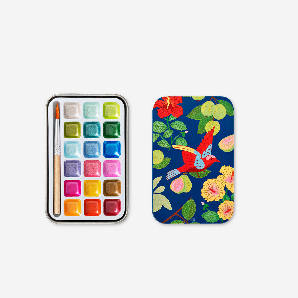 Mini watercolour set in tin box by Flying Tiger Copenhagen, featuring vibrant paints for hobby and art projects.