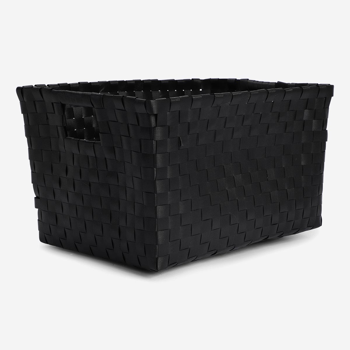 Black braided plastic storage basket for home organization, featuring a durable, woven design by Flying Tiger Copenhagen.