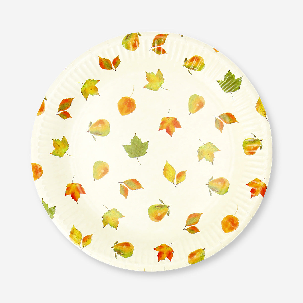 Set of 8 Flying Tiger Copenhagen autumn print paper party plates with colorful fall leaf designs.