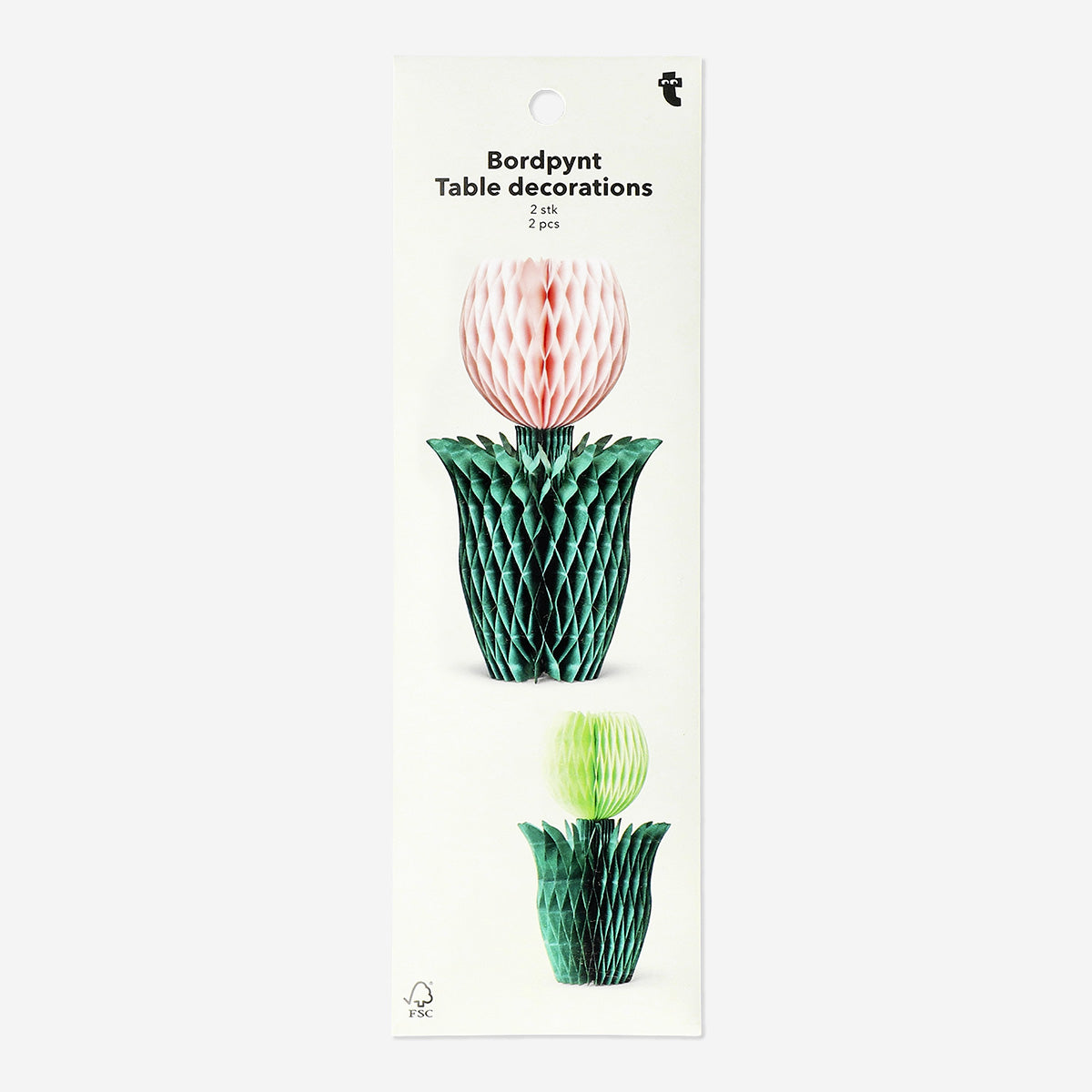Set of two honeycomb flower table decorations for parties by Flying Tiger Copenhagen, featuring colorful, foldable paper flowers.