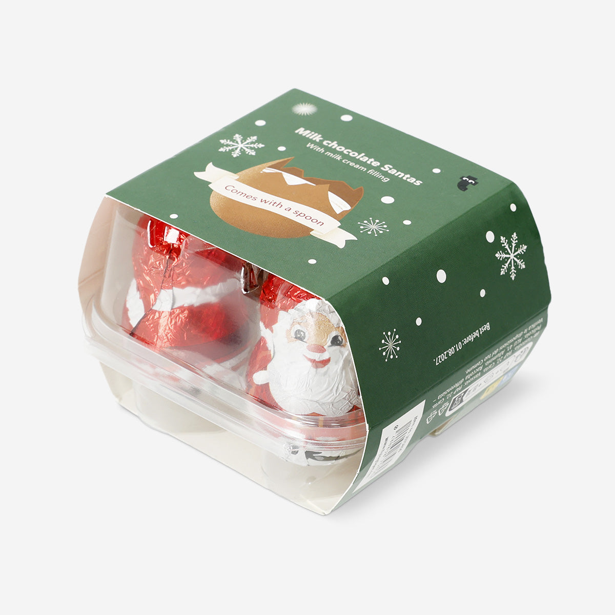 Chocolate Santas with milk filling and spoon from Flying Tiger Copenhagen, featuring detailed Santa figures ready to enjoy.