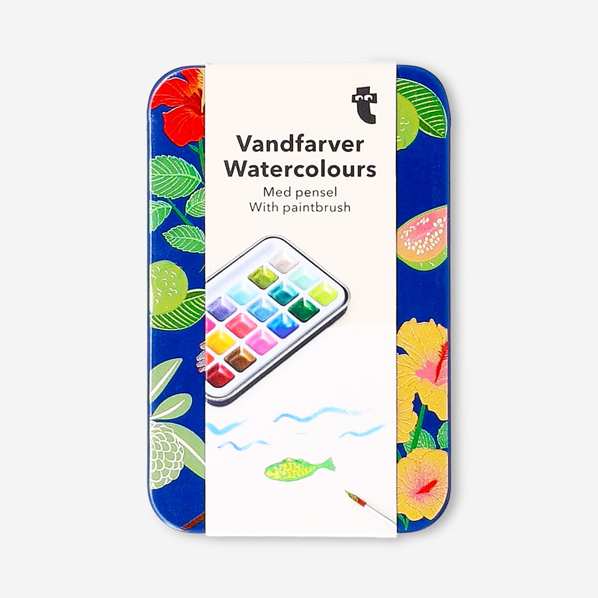 Mini watercolour set in tin box by Flying Tiger Copenhagen, featuring vibrant colours for hobby painting and art projects.