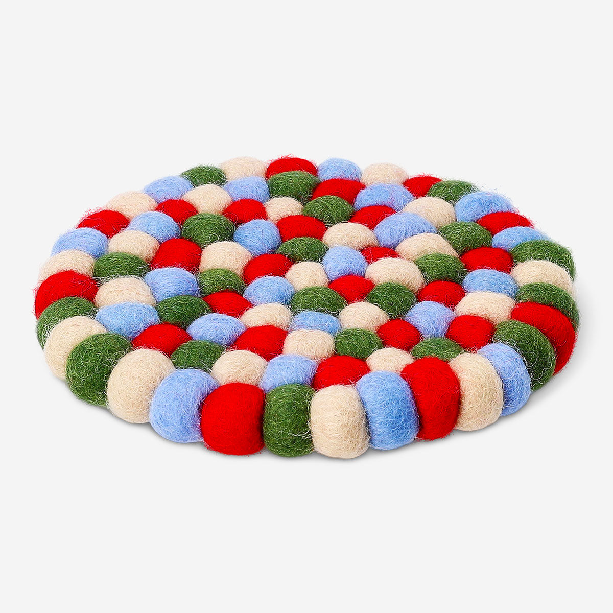 Colorful wool trivet in mixed colors, 19 cm kitchen accessory by Flying Tiger Copenhagen, shown on a countertop.