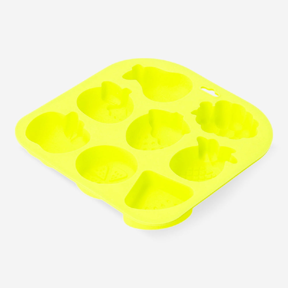 Flying Tiger Copenhagen ice cube tray with mixed fruit-shaped molds for refreshing fruit-flavored ice cubes in the kitchen.