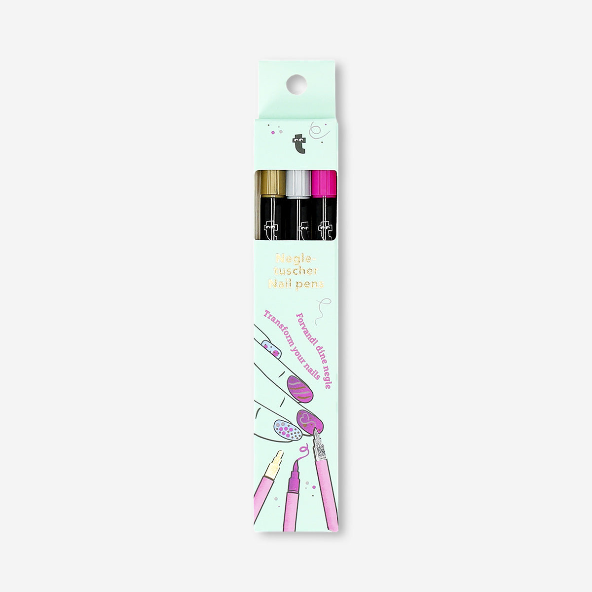 Set of three Flying Tiger Copenhagen nail pens for personal care, featuring colorful designs for easy nail art application.