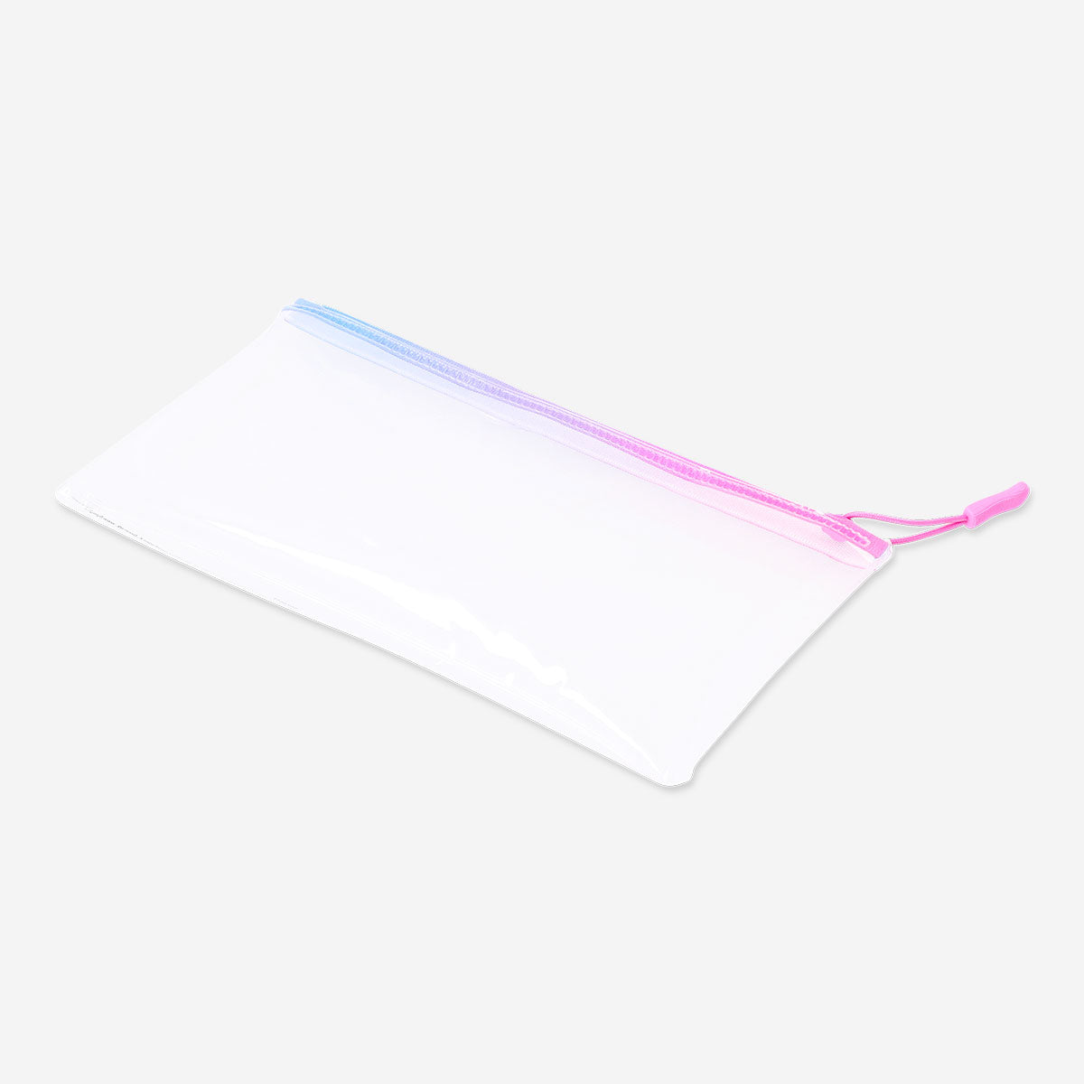 Clear office pencil case with zipper by Flying Tiger Copenhagen, showing compartments for organizing pens and stationery.