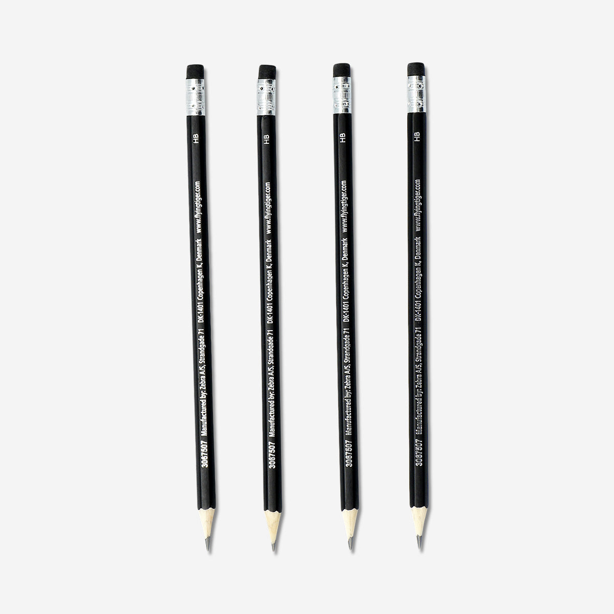 Set of five Flying Tiger Copenhagen HB pencils with erasers, ideal for office and school writing tasks.