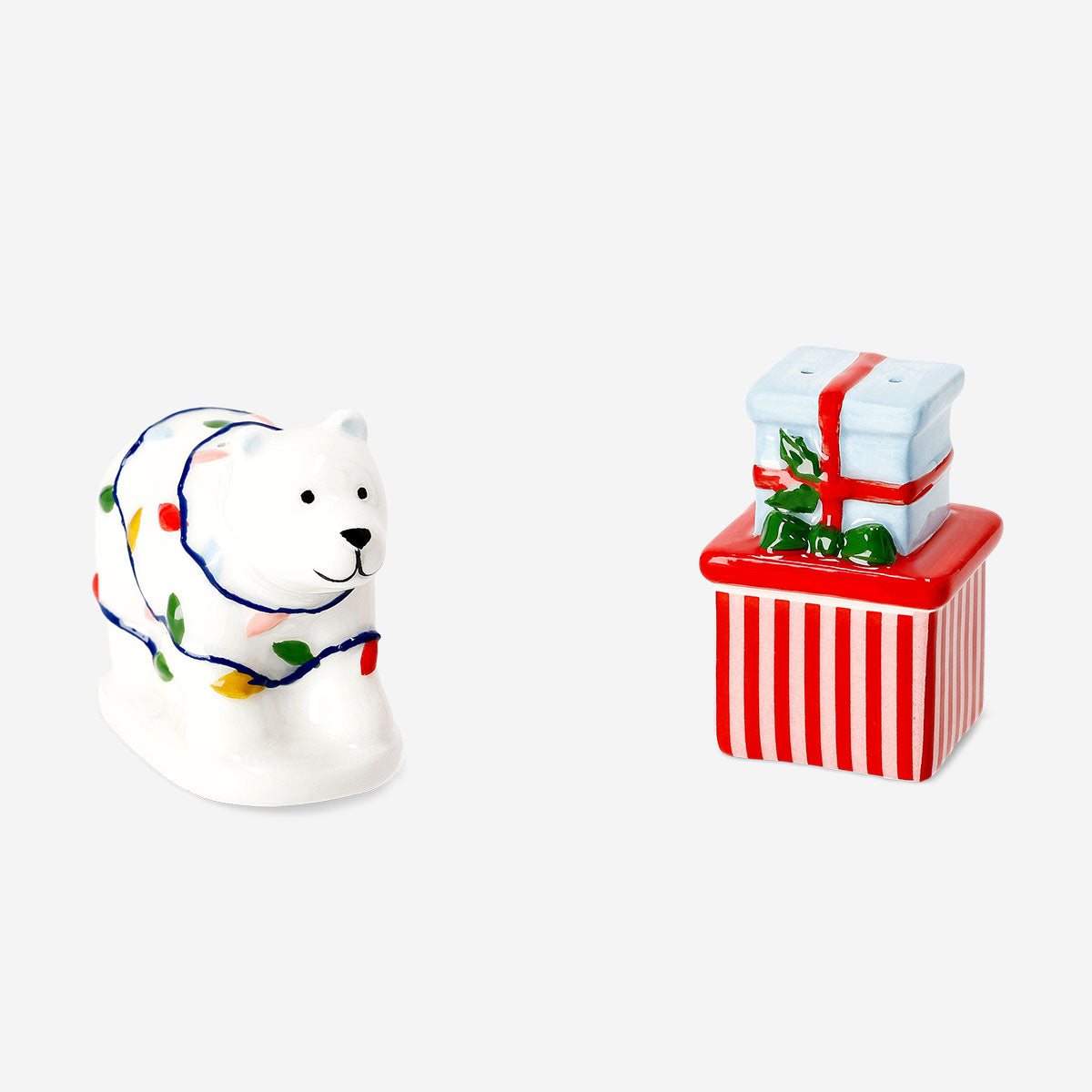 Flying Tiger Copenhagen Christmas salt and pepper set with festive holiday-themed ceramic containers for kitchen use.
