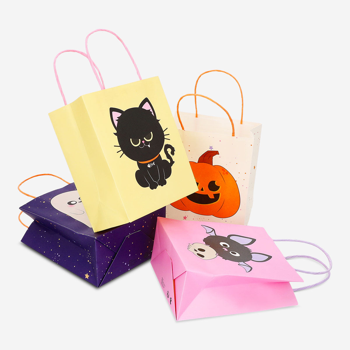 Four Halloween print gift bags for office use, featuring festive designs, from Flying Tiger Copenhagen.
