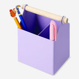 Purple metal office desk organiser with multiple compartments for stationery and office supplies, by Flying Tiger Copenhagen.