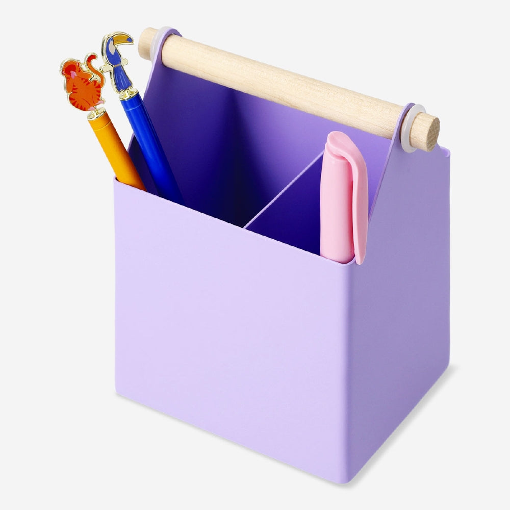 Purple metal office desk organiser with multiple compartments for stationery and office supplies, by Flying Tiger Copenhagen.