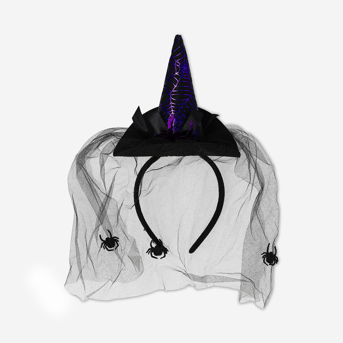 Adult witch's hat with veil costume hairband for parties by Flying Tiger Copenhagen, featuring a black hat with a sheer veil detail.