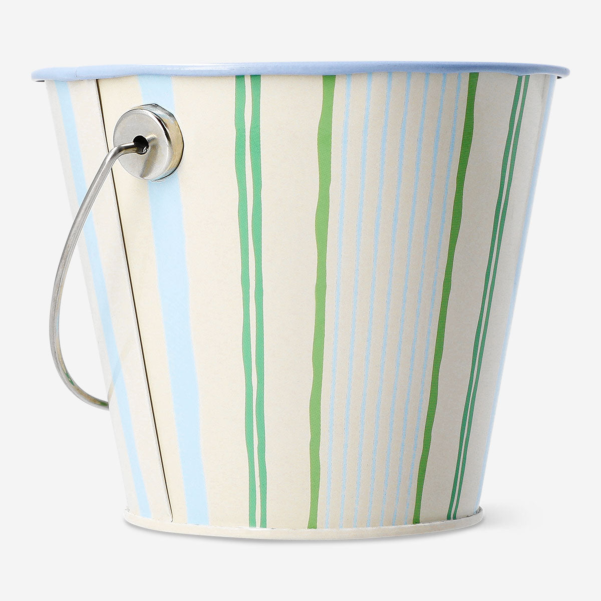 Striped metal flowerpot for home decor in blue and white, designed by Flying Tiger Copenhagen with a modern, stylish look.