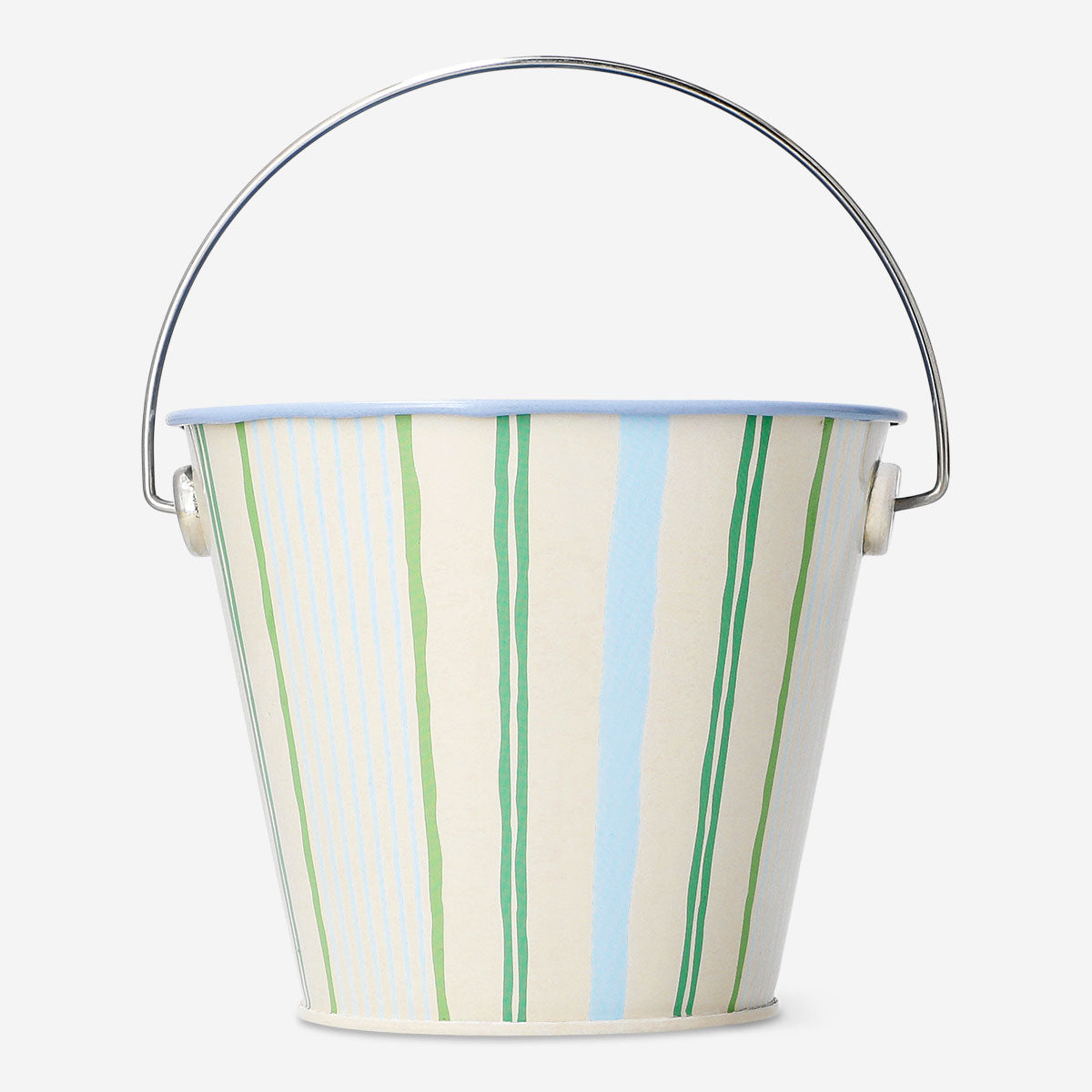 Striped metal flowerpot for home decor with colorful vertical stripes, designed by Flying Tiger Copenhagen.