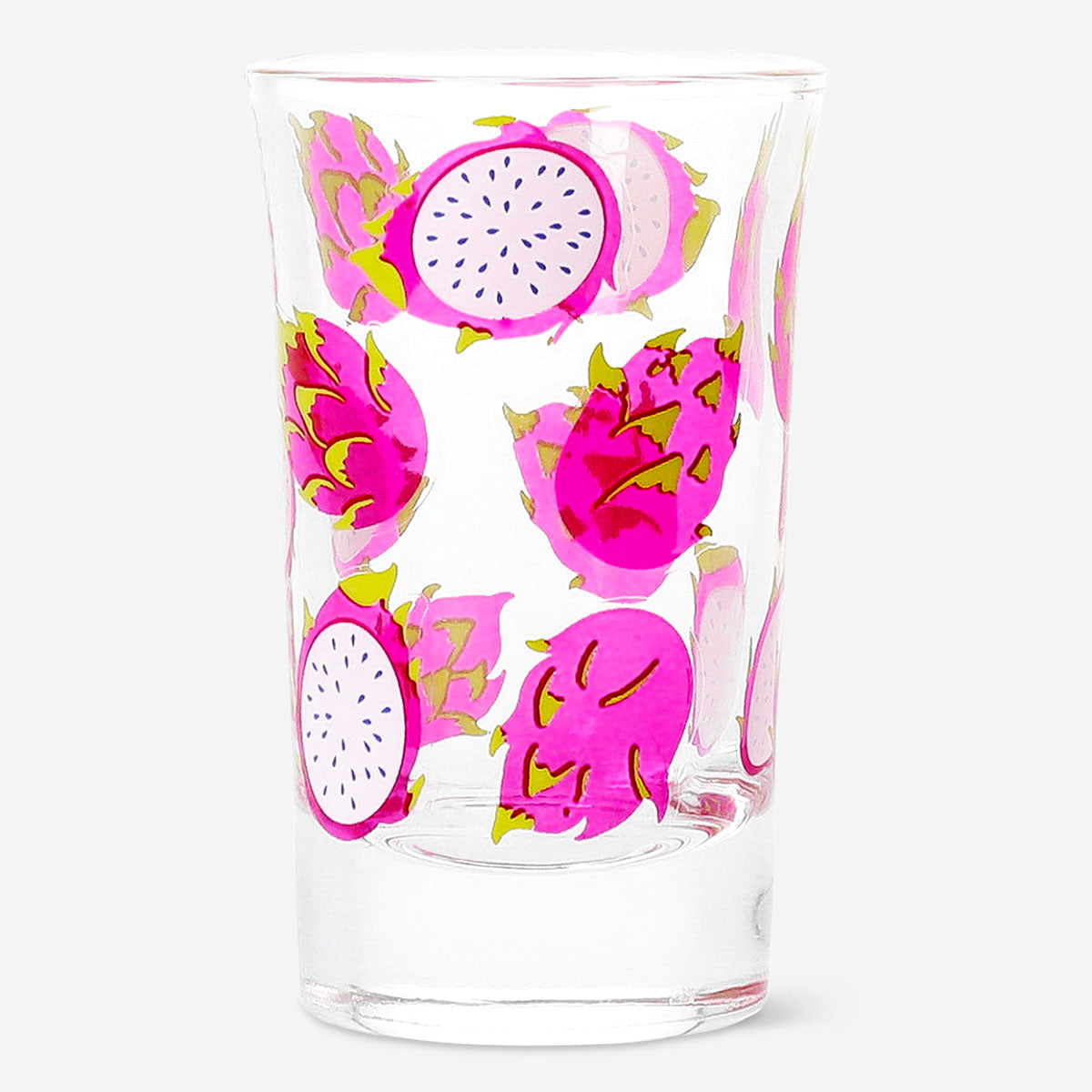 Small 40 ml shot glass with vibrant dragon fruit print from Flying Tiger Copenhagen, perfect for kitchen or bar use.