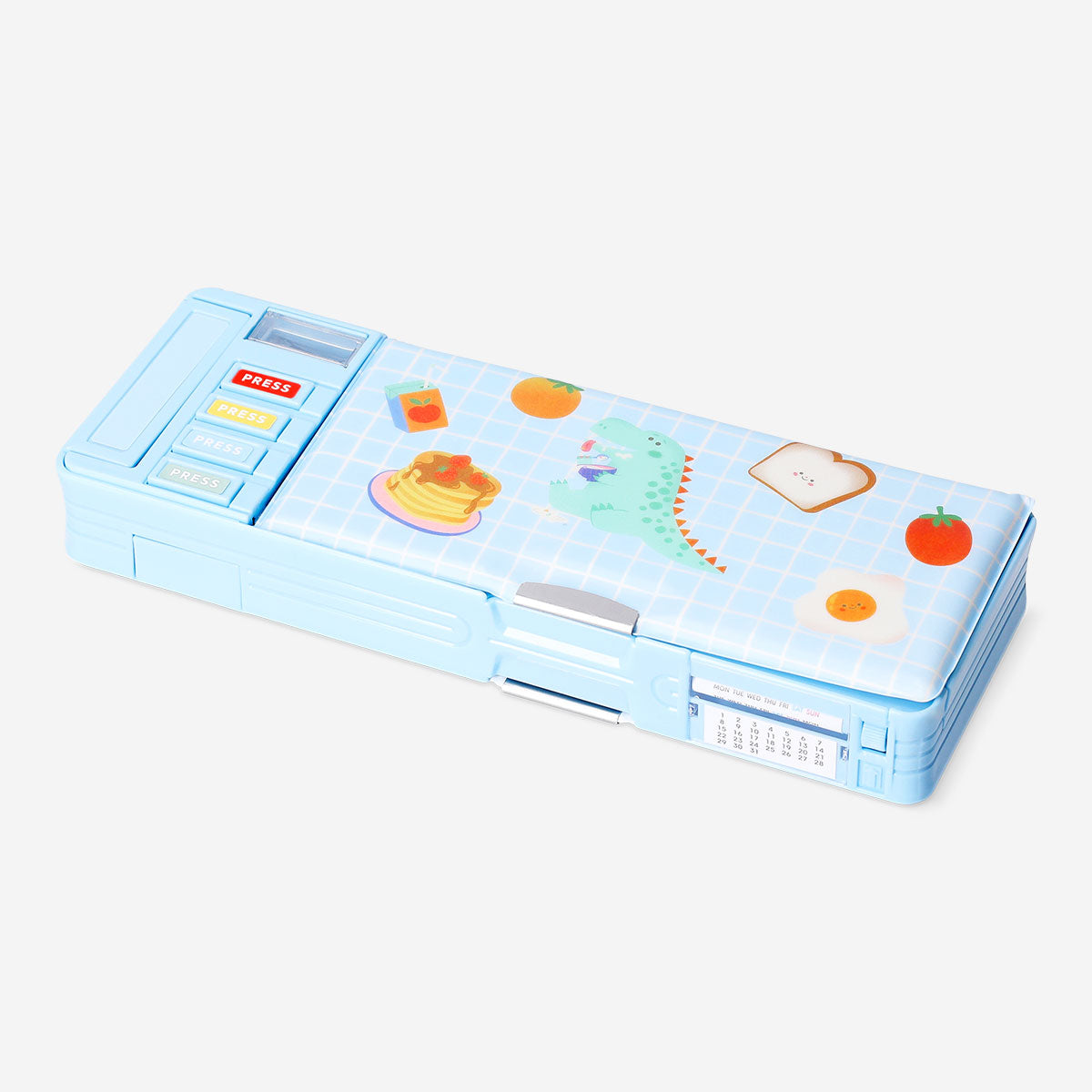 Blue multi functional pencil case with dinosaur