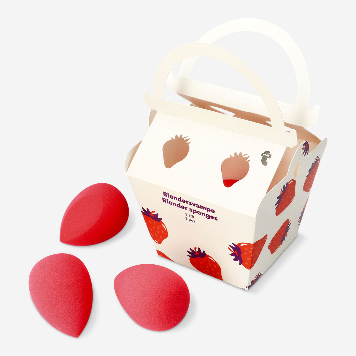 Flying Tiger Copenhagen strawberry box of makeup blender sponges for flawless personal care application.
