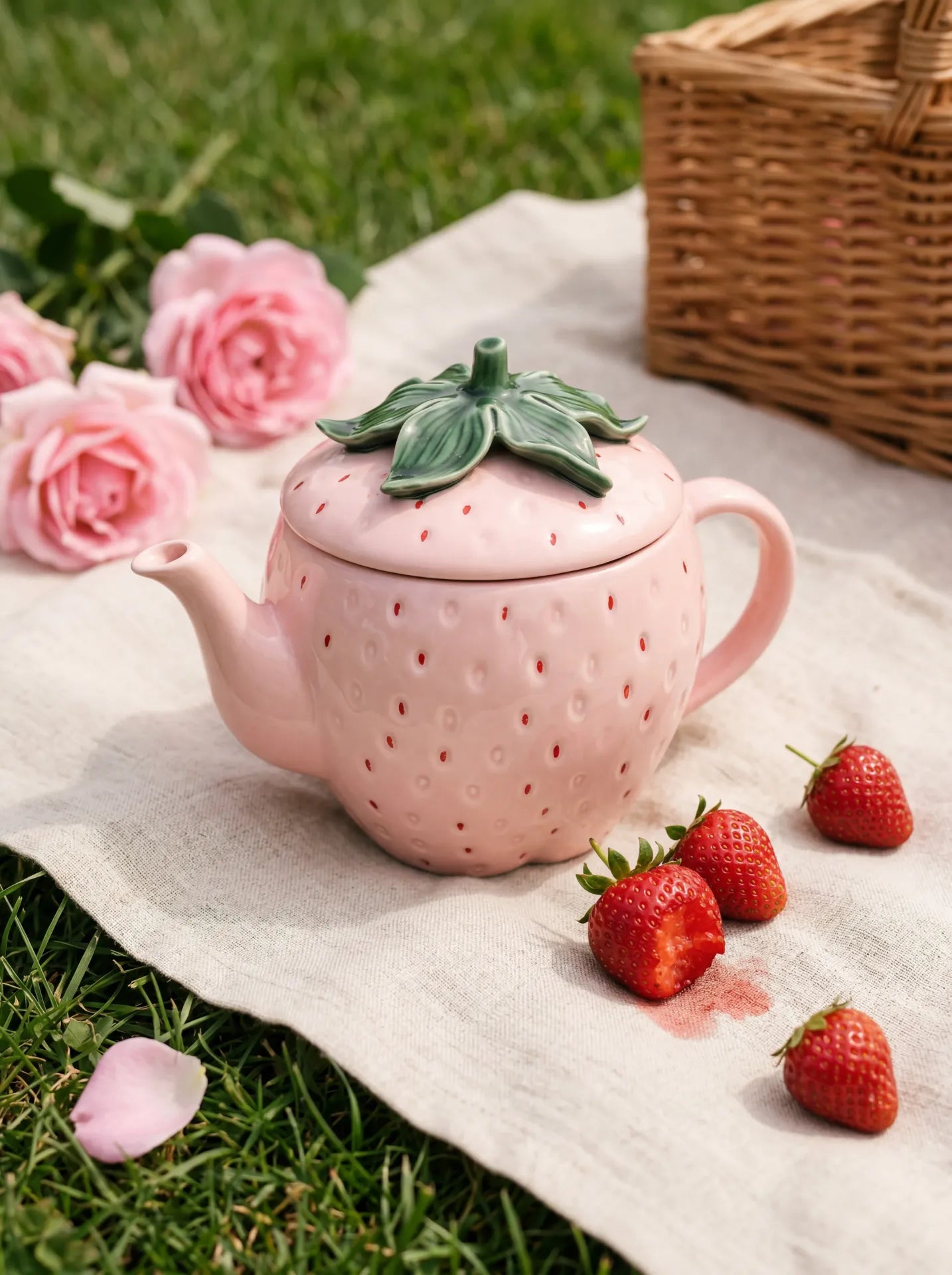 Pink strawberry-shaped teapot with lid from Flying Tiger Copenhagen, suitable for kitchen use and tea serving.