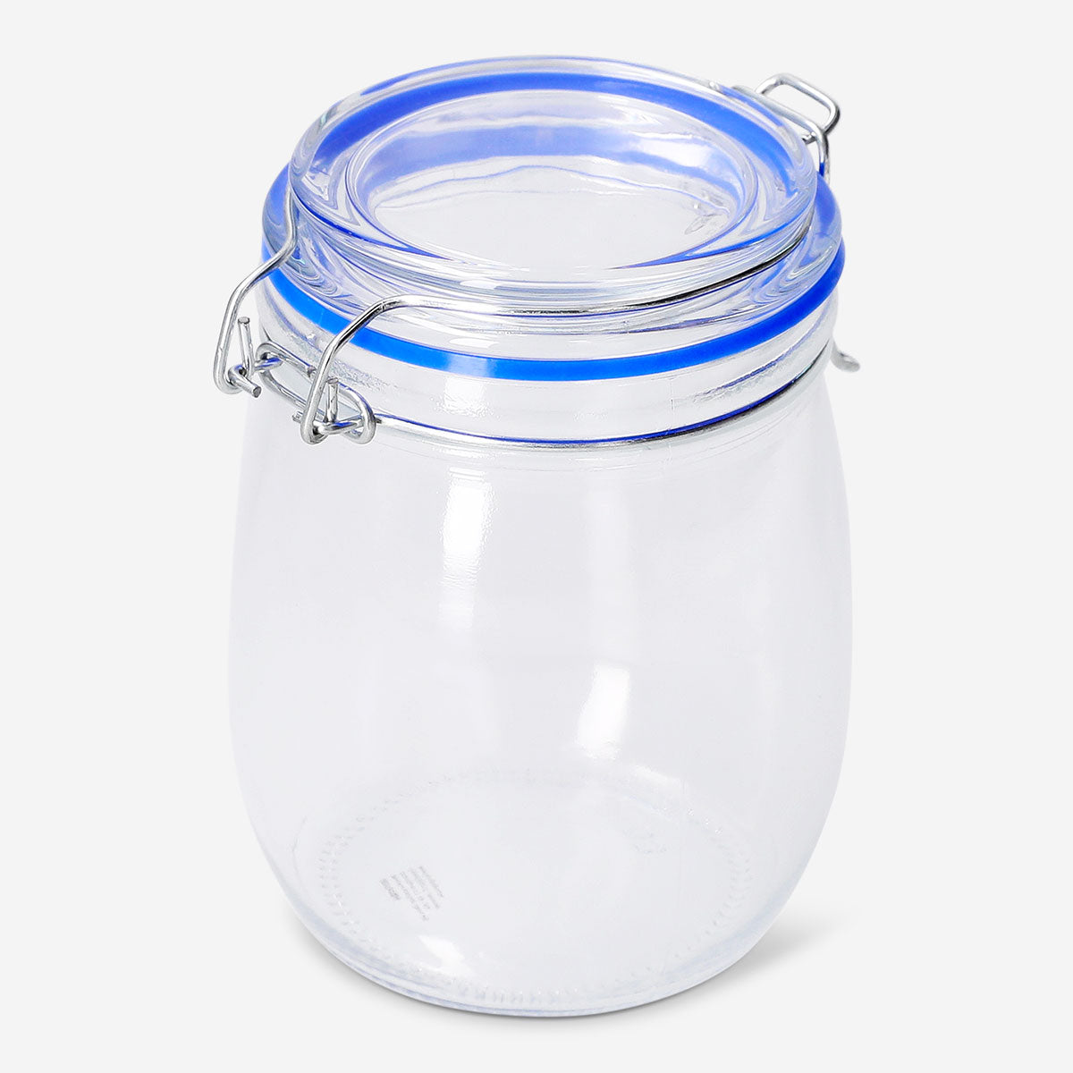 Glass jar with navy rim, 14 cm tall, used for kitchen storage, from Flying Tiger Copenhagen.