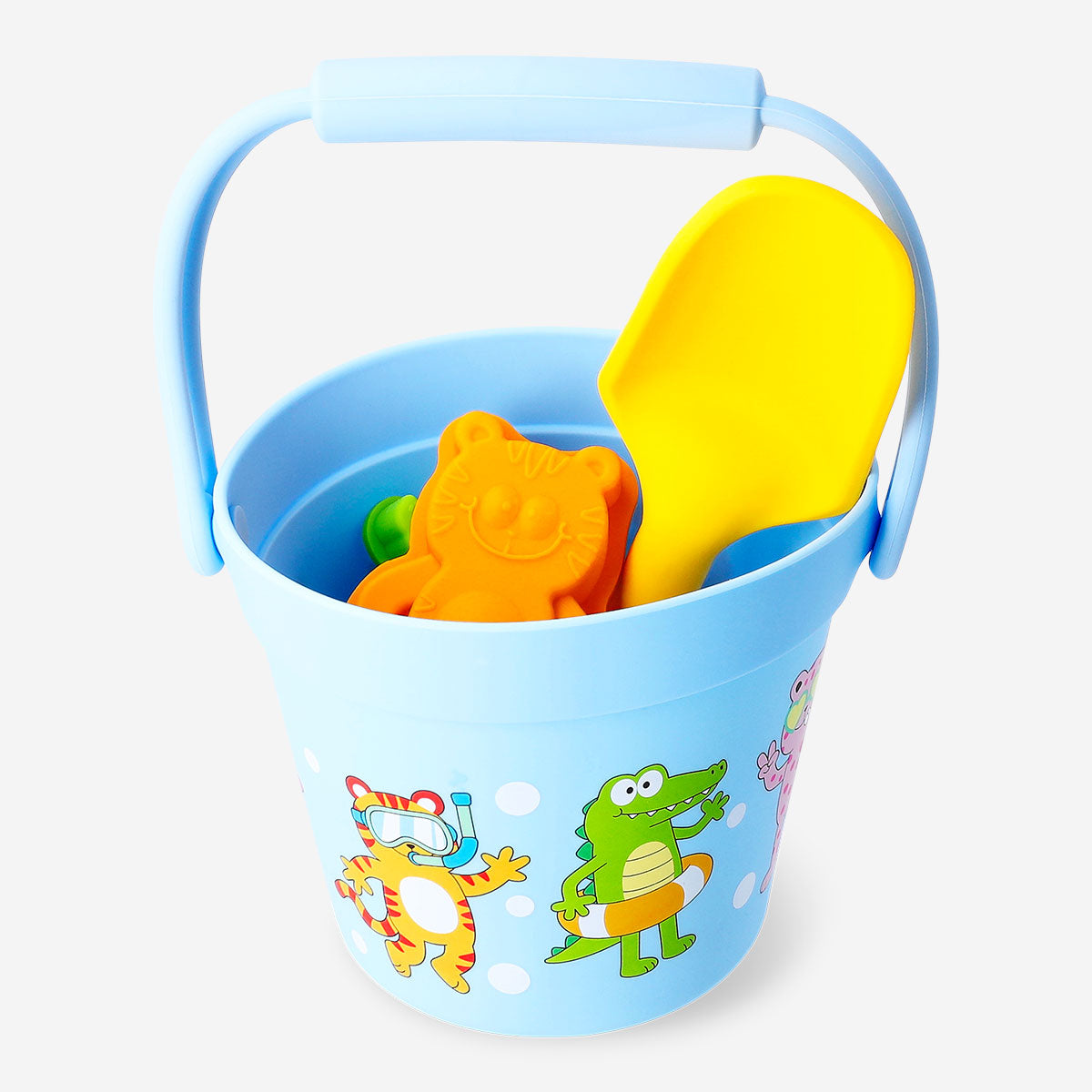 Colorful 5-piece beach toy set with bucket from Flying Tiger Copenhagen, includes shovels, rakes, and a bucket for kids' beach play.