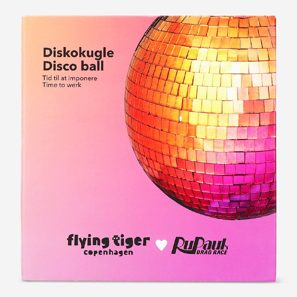 Flying Tiger Copenhagen multi-colored 20cm disco ball gadget inspired by RuPaul's Drag Race, featuring vibrant, reflective surface.
