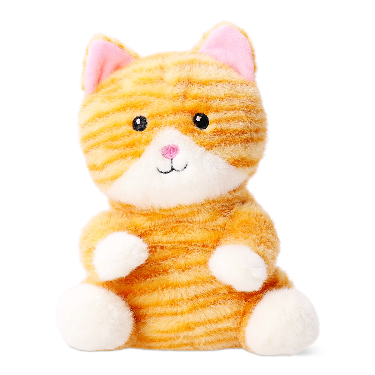 Soft plush heating toy in the shape of a Tabby cat by Flying Tiger Copenhagen, featuring detailed feline features and warm colors.