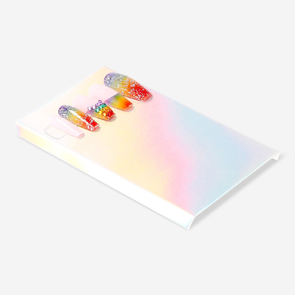 Flying Tiger Copenhagen rainbow rhinestone press-on nails with colorful, sparkling designs for personal care and nail fashion.