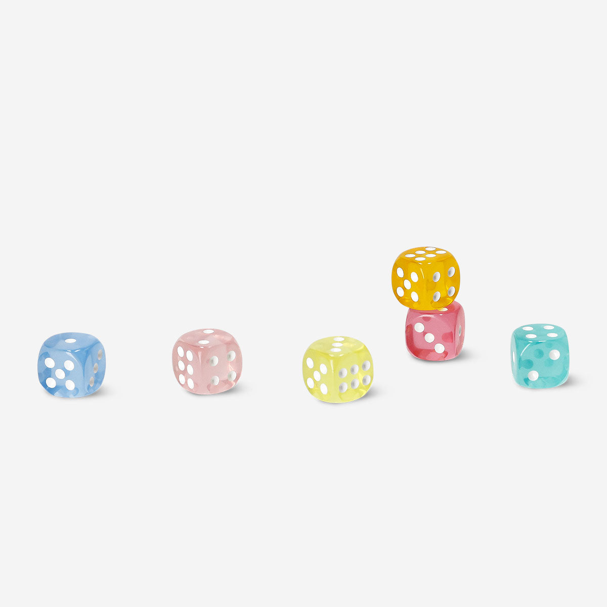 Six colorful acrylic dice for games, featuring vibrant designs, perfect for board games and fun activities.