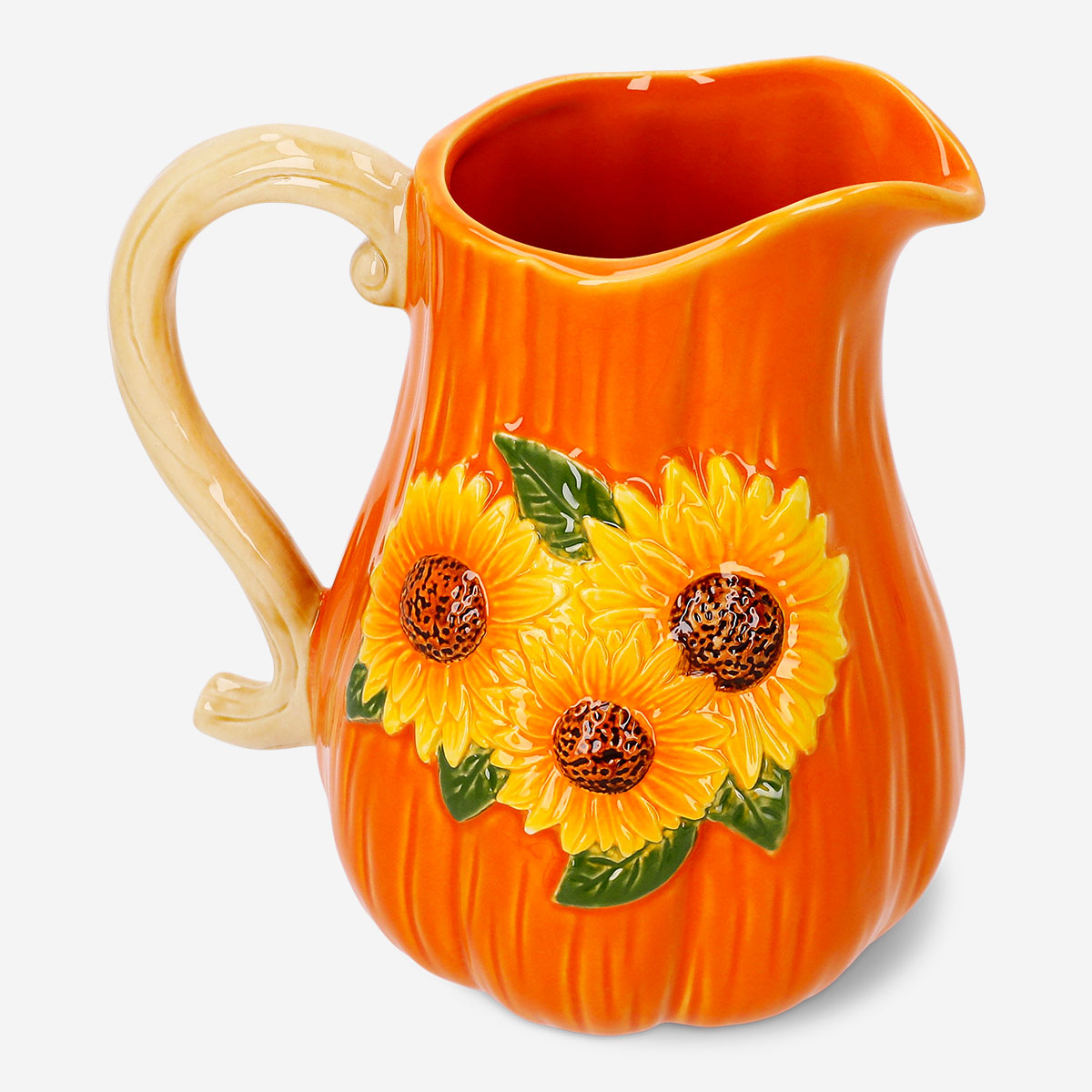 Ceramic jug with embossed sunflower design, 1.12L capacity, Flying Tiger Copenhagen kitchenware, white with yellow sunflower details.