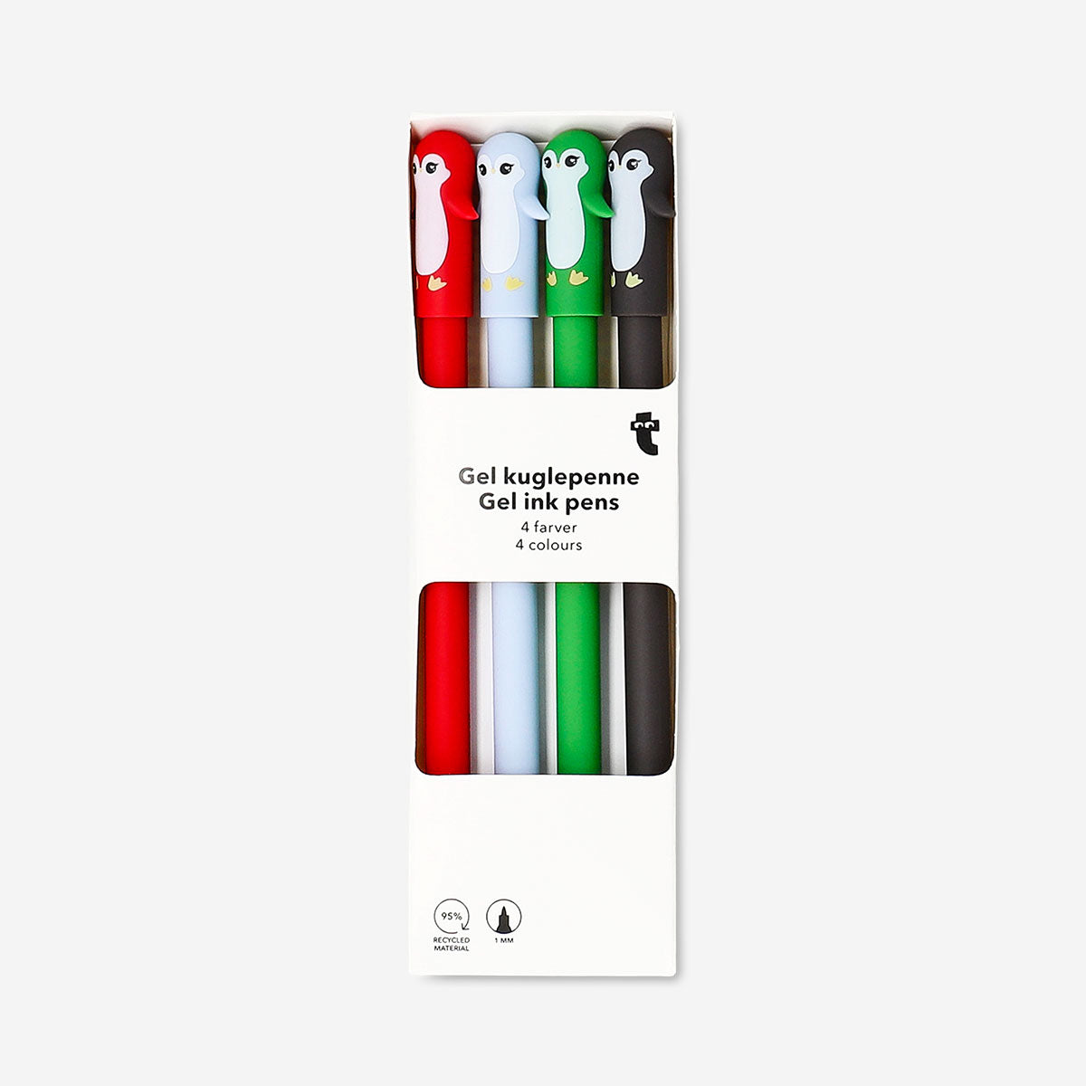 Set of four Flying Tiger Copenhagen gel ink pens with cute penguin toppers for office or school use.