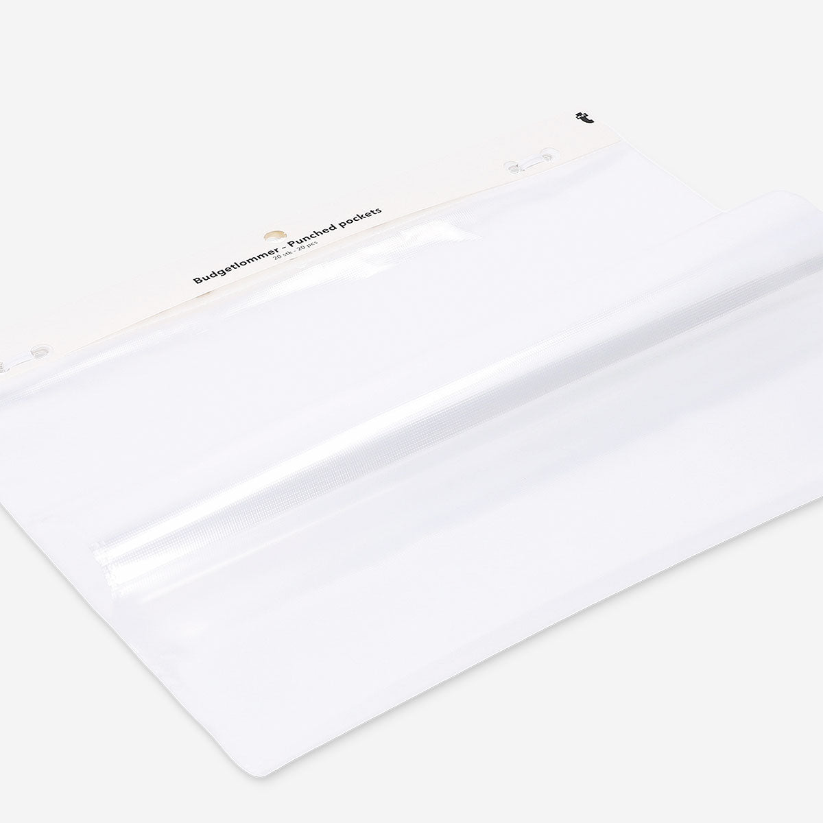 A4 punched pockets in a pack of 20, clear plastic office document protectors with punched holes for binding, by Flying Tiger Copenhagen.