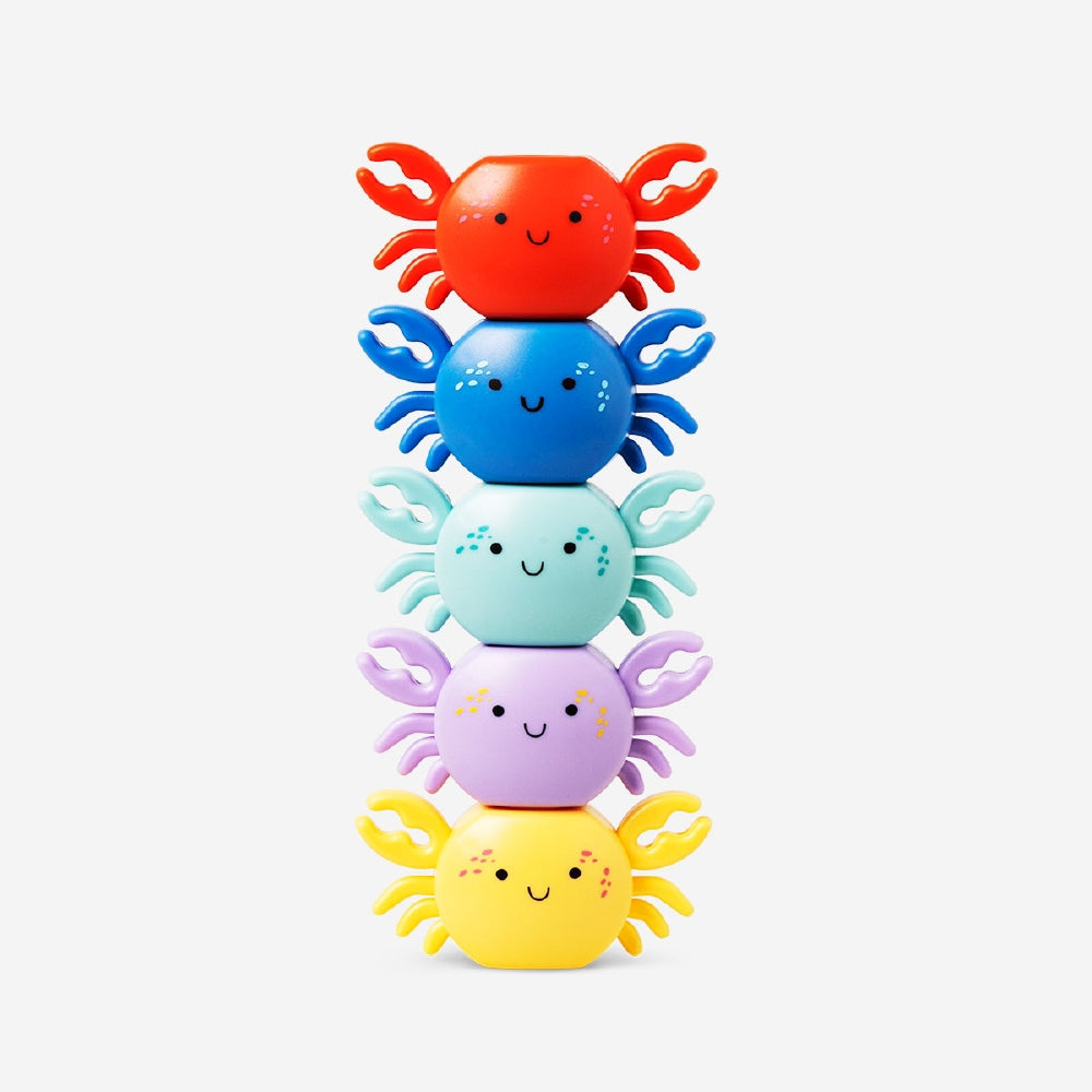Four colorful stackable crab-shaped highlighters from Flying Tiger Copenhagen, designed for office use and easy to organize.