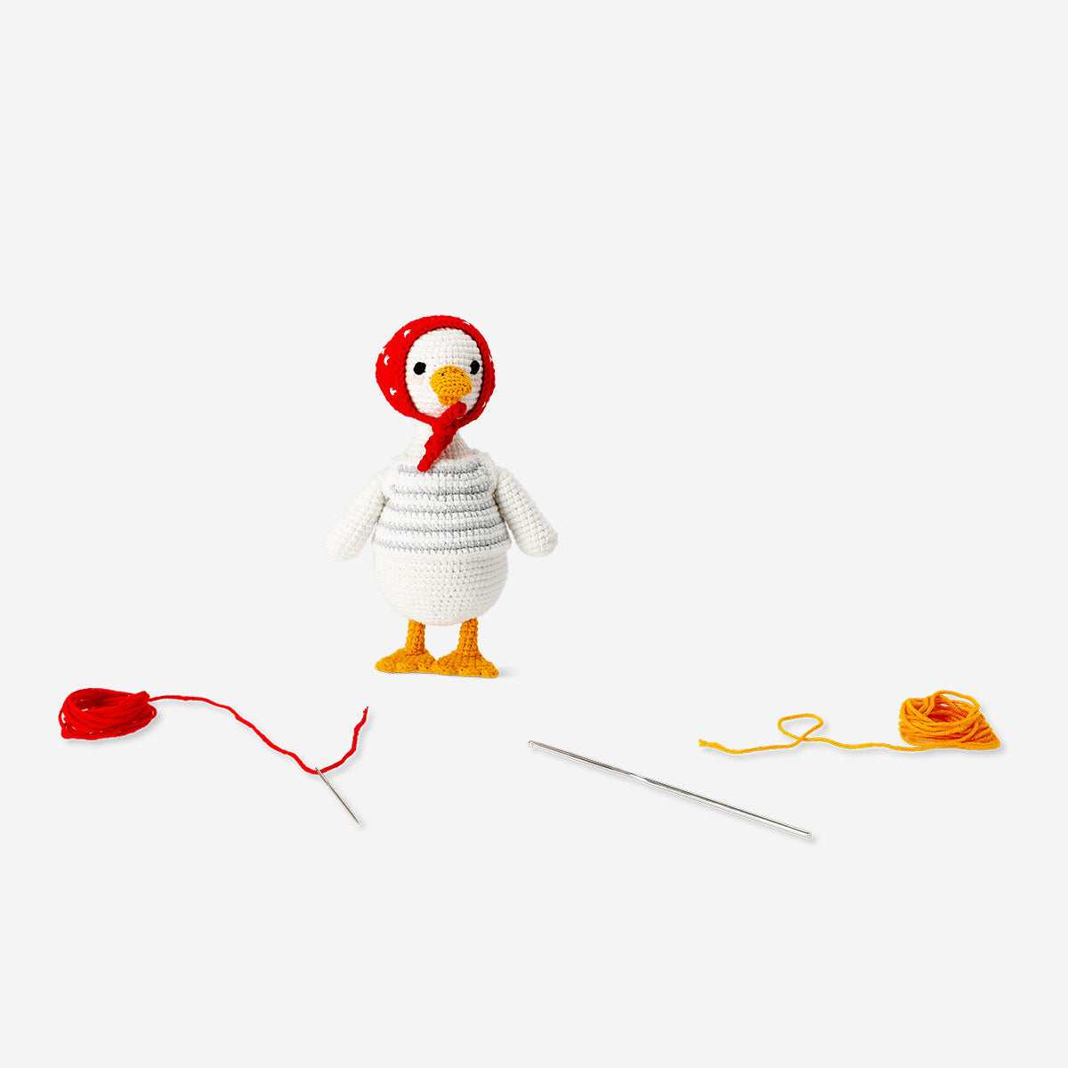Colorful DIY crochet duck hobby craft from Flying Tiger Copenhagen, featuring detailed crochet stitch work and vibrant design.