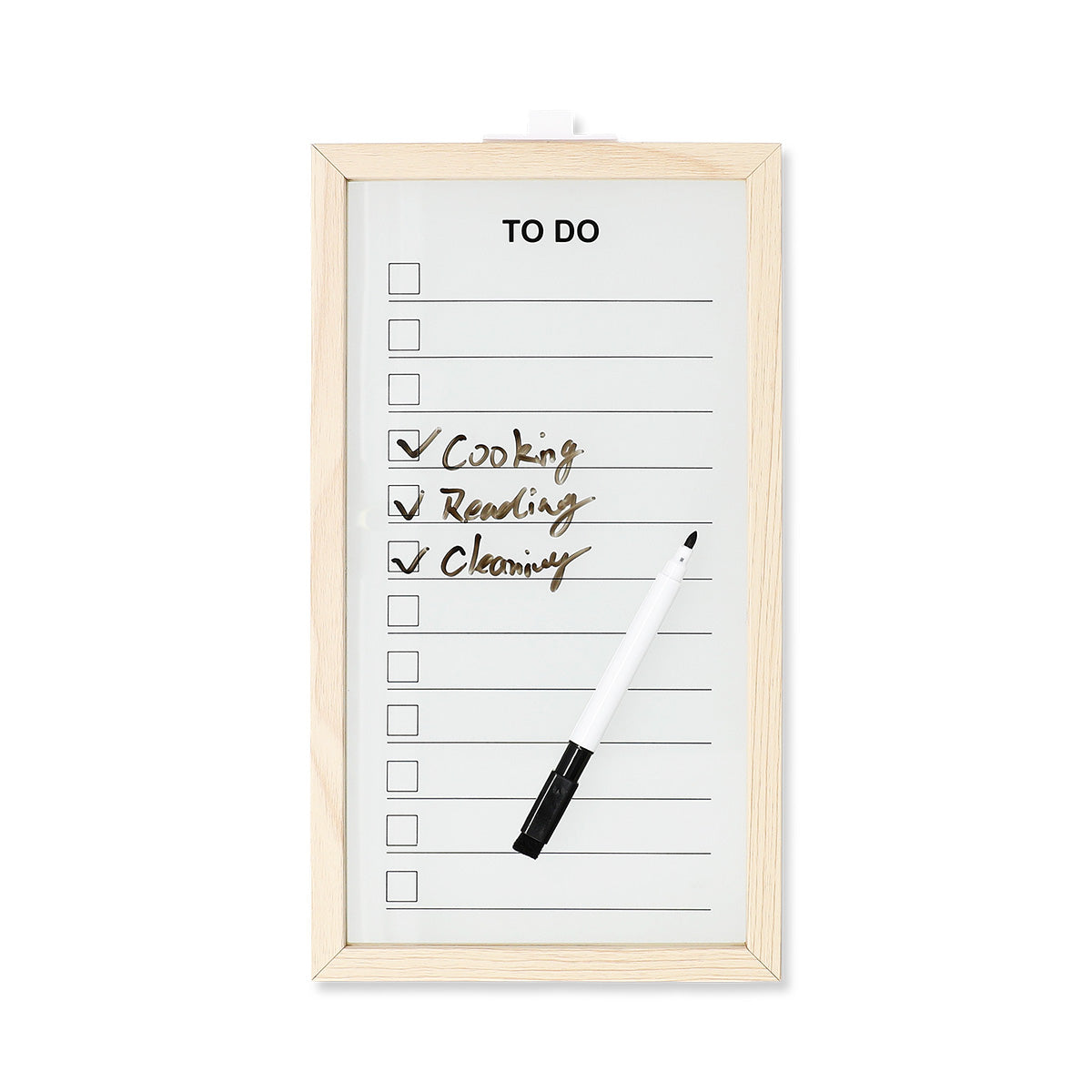 Wood-framed Flying Tiger Copenhagen office planner board with marker for organizing notes and schedules.
